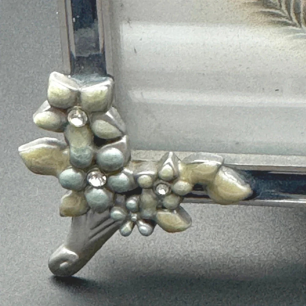 Floral Picture Frame Enamel Blue Green Rhinestone Silver Coastal Glam 3.5
